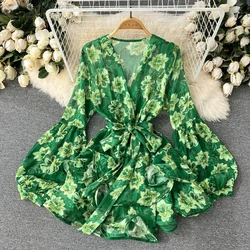 HIkigawa Chic Fashion Korean Dresses For Women Summer V Neck Floral Print Slim Waist Woman Dress Vintage Elegant Vestidos Mujer