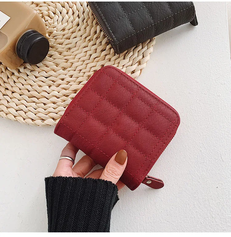 2023 Korean Mini Wallet Minimalist Checker Wallet Retro Short Zipper Change Bag Card Bag Multiple Card Positions Coin Purse