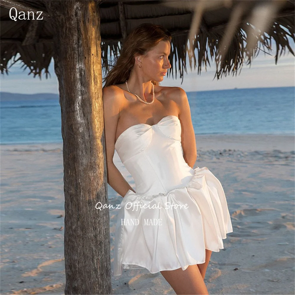 

Qanz Beach Mini A Line Wedding Dress Strapless White Sain Short Bridal Gowns Opne Back Vestido De Novia Boda Civil 2024 Plus