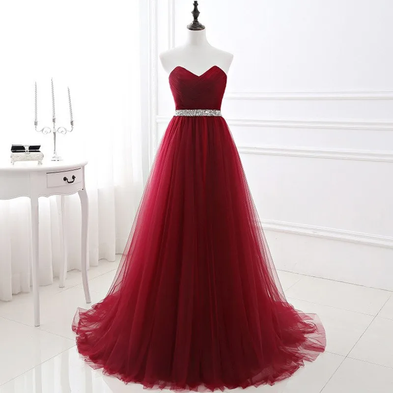 

GUXQD Burgundy Women Evening Dresses Sweetheart Tulle Sequin Beading Belt Prom Party Gowns robes de soirée Abendkleider