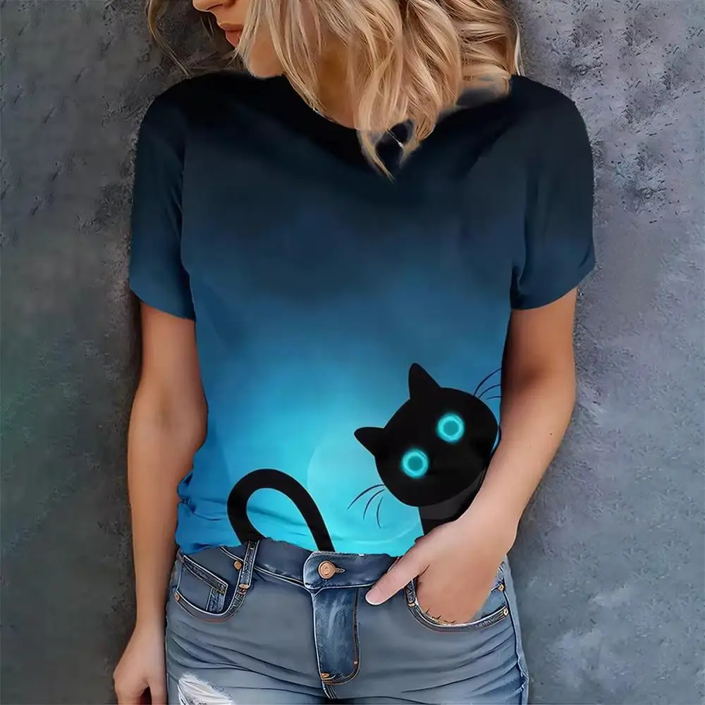 

2025 New Fashion Gradient Blue Print Black Cat T-Shirt Summer Casual Loose Short-Sleeve Women's Everyday Fashion Must-Have Item