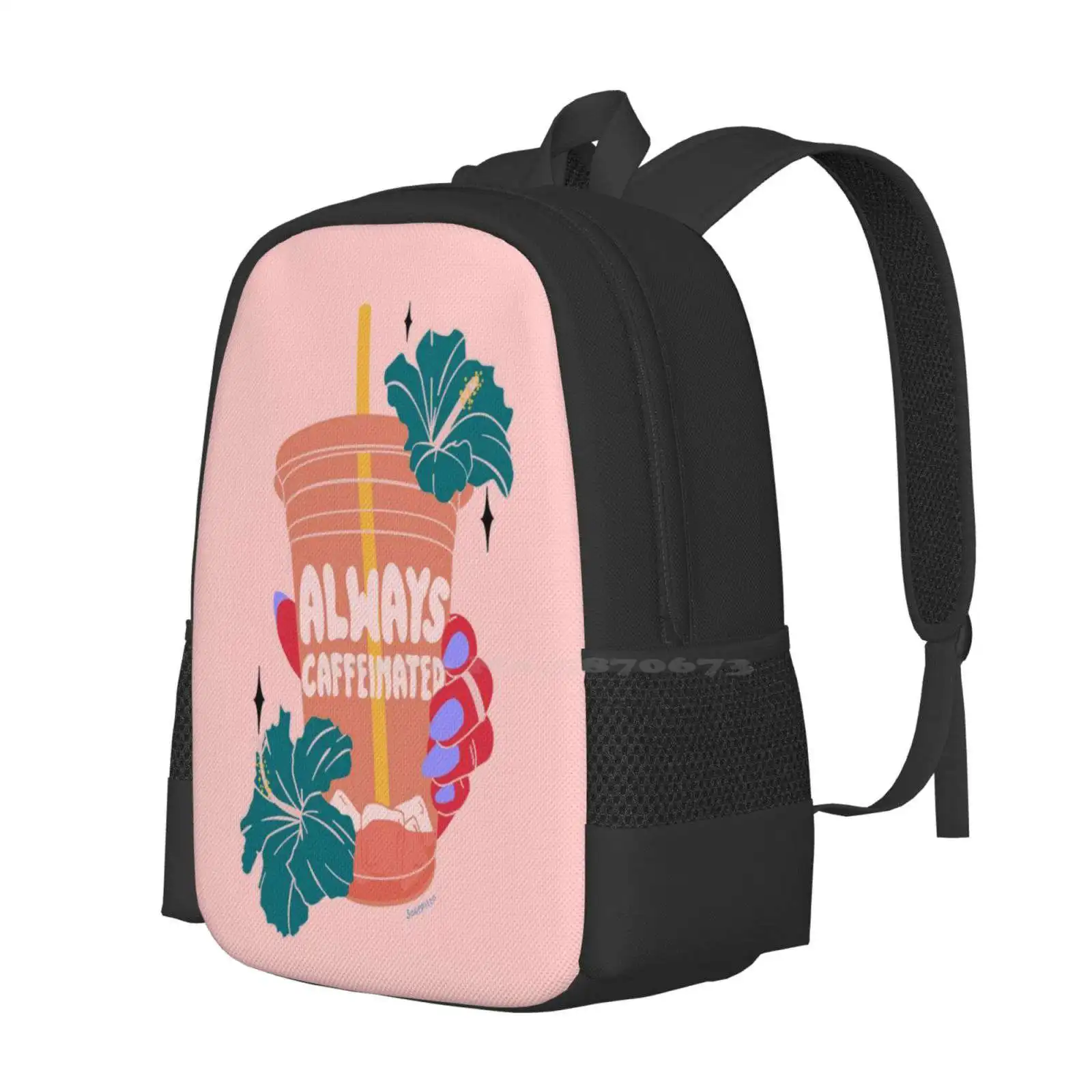 Always Caffeinated Hot Sale Schoolbag Backpack Fashion Bags Sagepizza Iced Coffee Summer Bright Hawaiian Flowers Coffee Lover