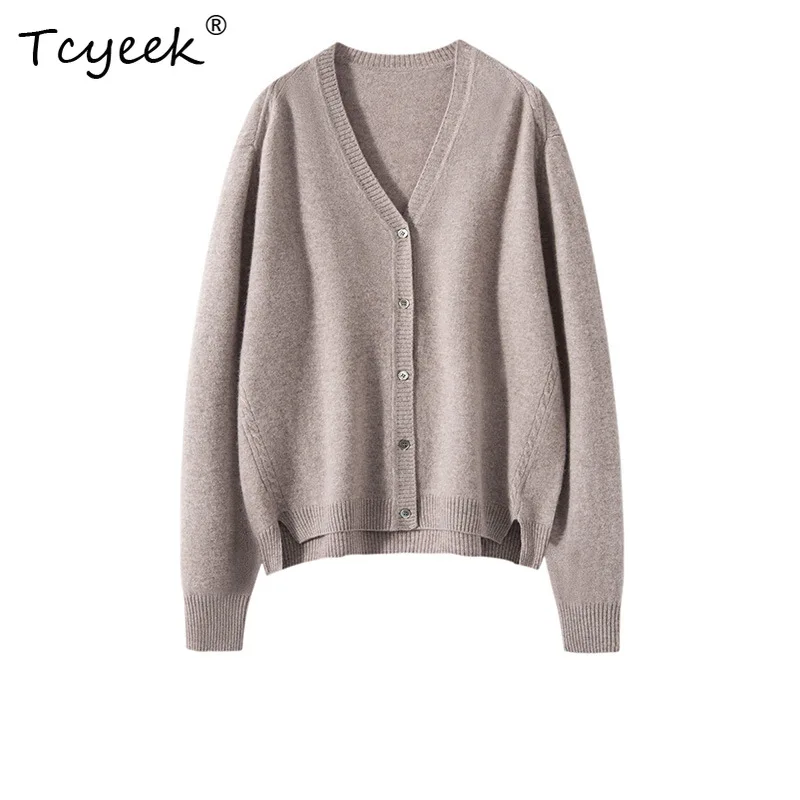 

Tcyeek, 100%Pure Cashmere Elegant Cardigans, Women Long Sleeve V-Neck, Versatile Loose Knit Sweater, Autumn Winter T48745QC