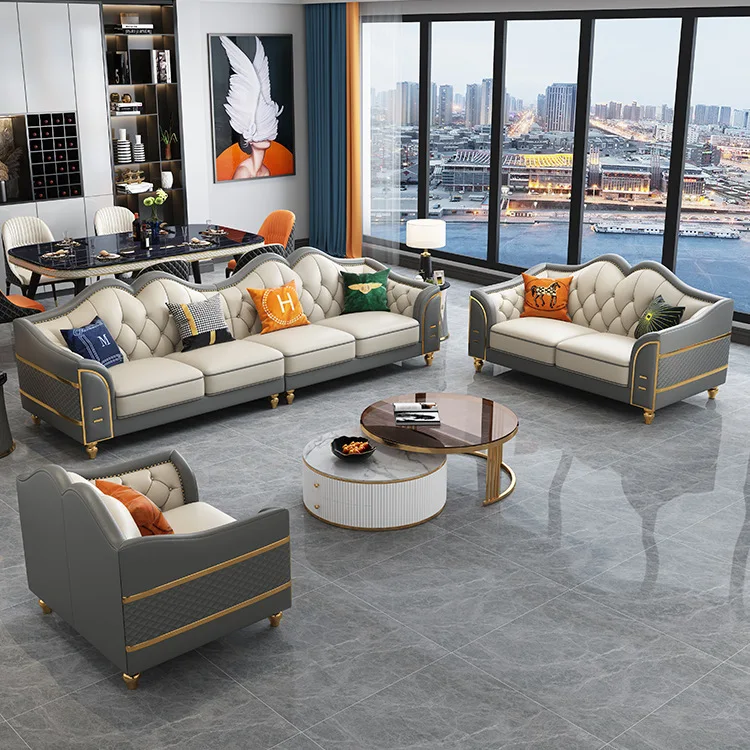 

Italian Light Luxury Apartment 1+2+3 Leather Sofa Set American Living Room Leather Sofa Combination