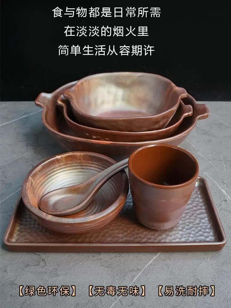 Retro nostalgia Design Coarse Pottery Hot Pot Small Bowl Set Home use Melamine Dinner Plate Dipping Sauce Bowl Small Soup Bowl - view 2