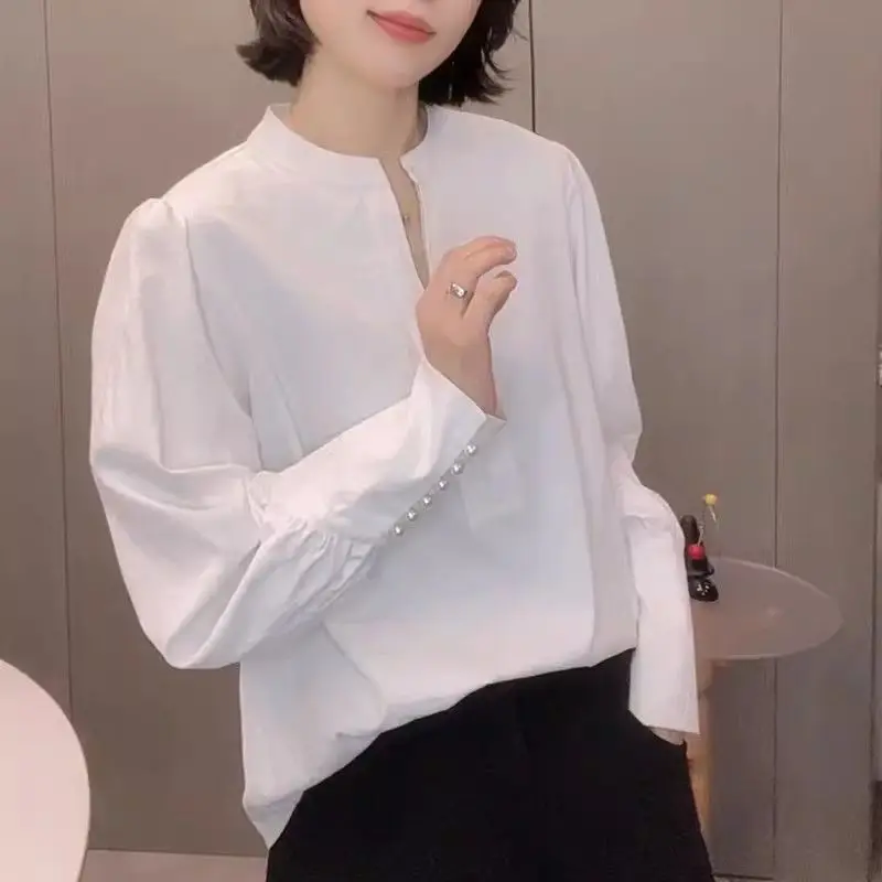 

White Shirt Simple Solid Color 2025 Spring New Round Neck Half Zipper Fashionable Long Sleeved Top For Women