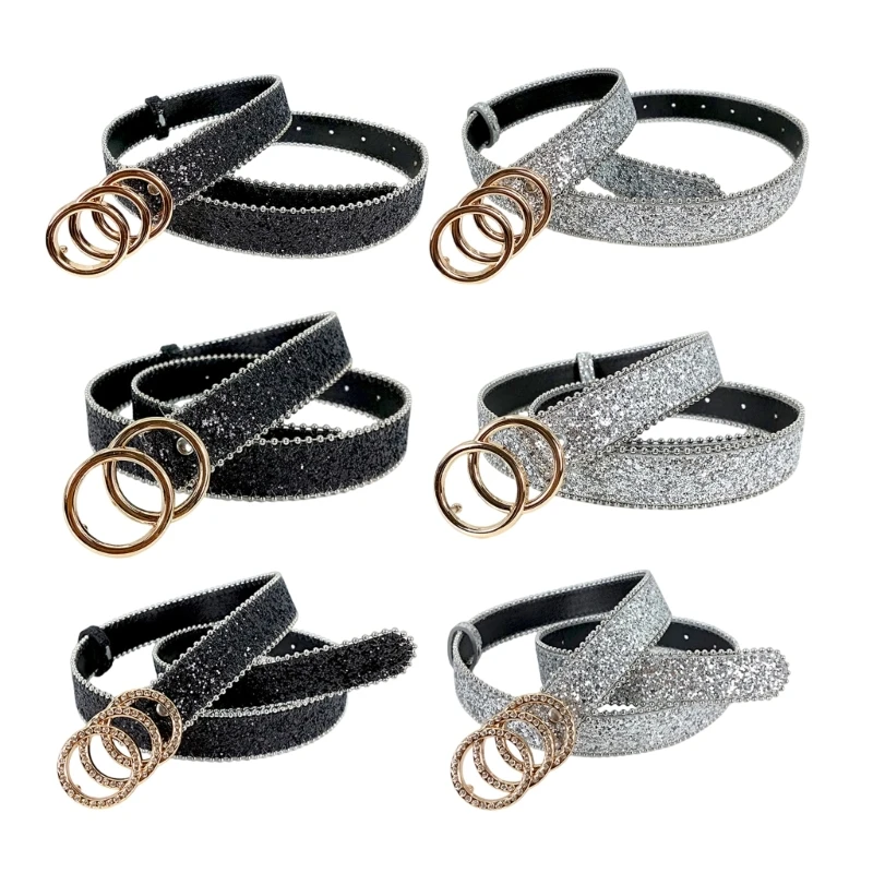 SZL Shimmering Round Buckle Belt Eye Catching PU Belt Blingbling Sequined Waistband