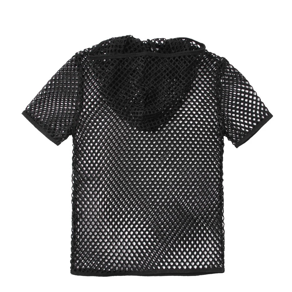 

T-Shirt Tops Hooded Mesh Muscle Top Perspective Polyester Short Sleeve Slight Stretch Solid Color For Vacation