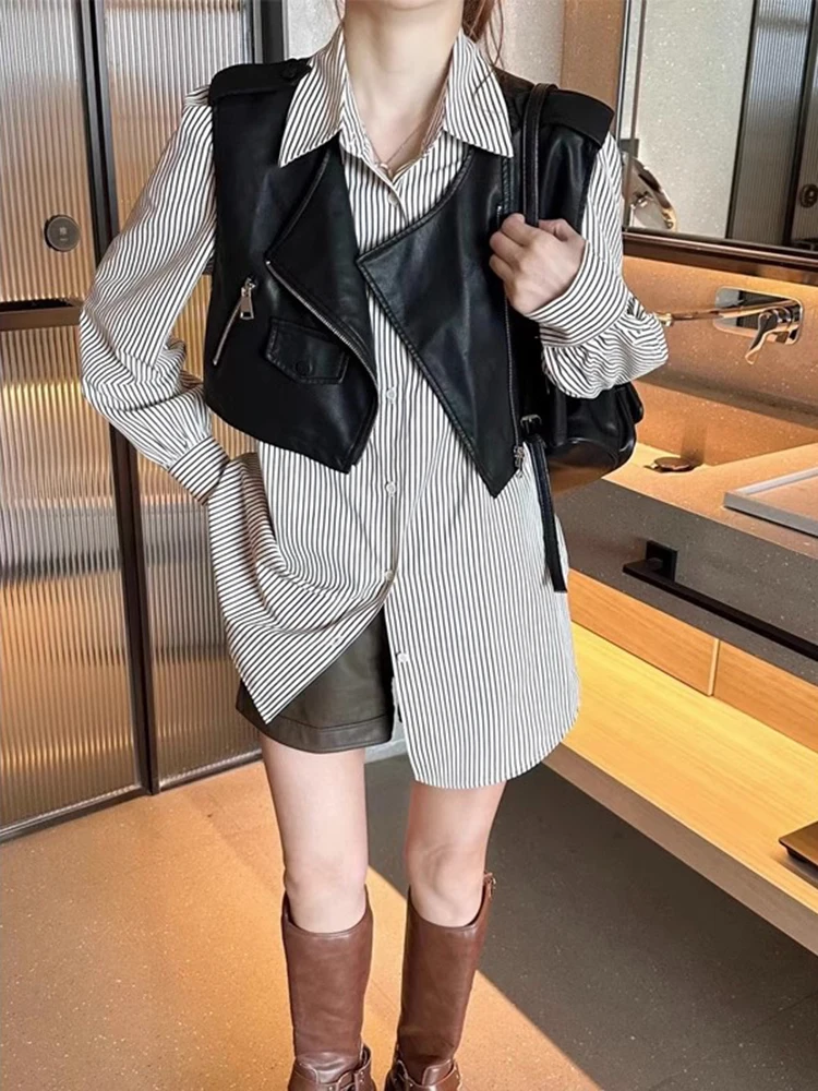 

Women's Stripe Shirt Vest Leather Jacket Set Short Style Two-Piece Fashionable Autumn Collection Versatile Trendy Ensemble