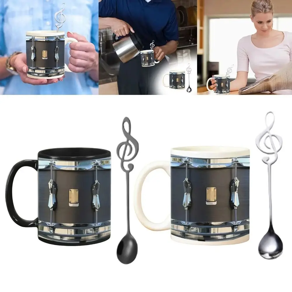 

With Spoon Vintage Drum Mug Heat-resistant Comfortable Handle Ceramic Water Cup Durable Realistic Drumming Coffee Cup Drummer