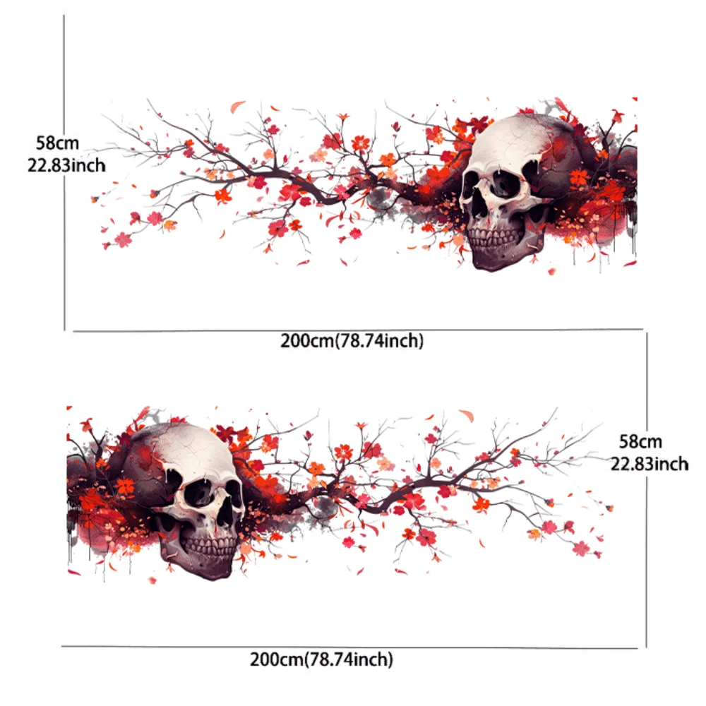 2PCS Flower branches and petals surround the skull head; car sticker; full body floral decoration covering scratches; waterproof