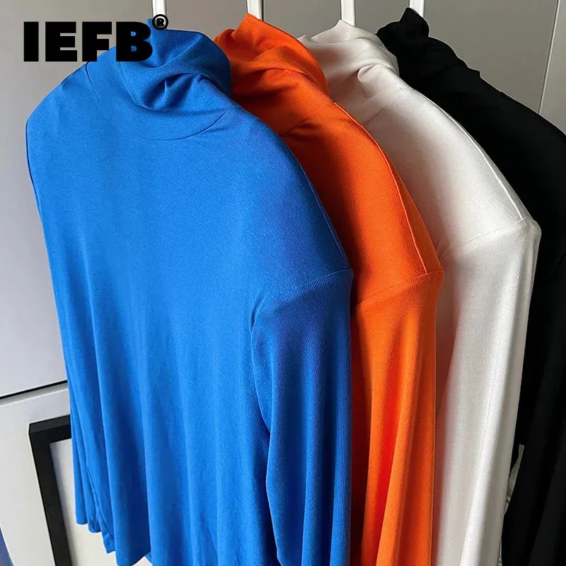 

IEFB Summer Autumn Men's T-shirt Long Sleeve Turtleneck Simple Solid Color Korean Male Top Shoulder Pad New Chic Tees 9A2222