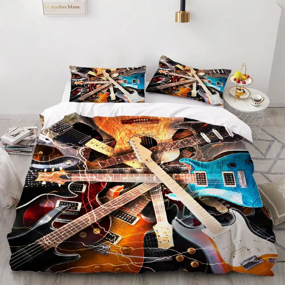 

Groovy 3D Color Guitar Music Print Down Bedding Set - Soft Bed Pillowcase & Quilt Cover for Adults, Single to King Sizes