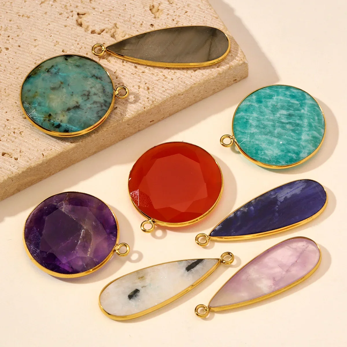 3pcs/Lot Stainless Steel Waterdrop Red Agate DIY Earring Charms Amethyst Natural Stone Necklace Pendants Woman Geometric Jewelry