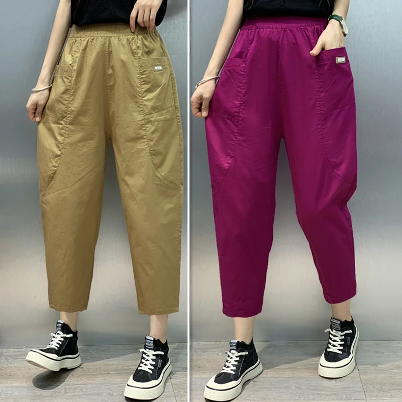 

Летние женские повседневные брюки с высокой талией из хлопка, свободные, на резинке, в стиле харлан, модные, Eighteen