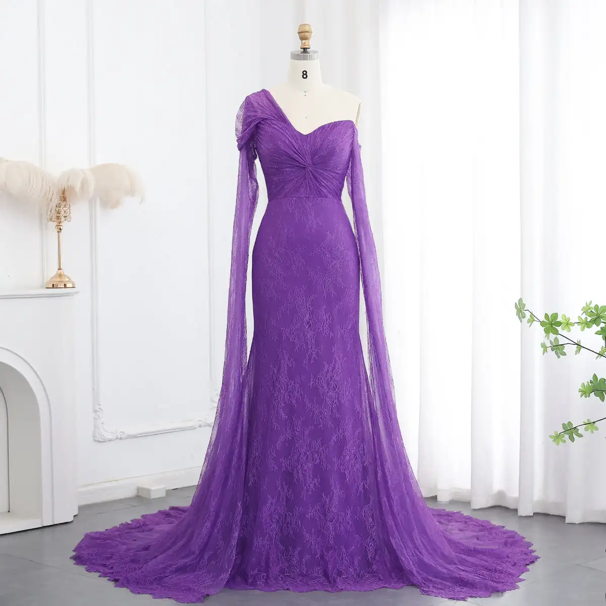 Custom Made Elegant Off Shoulder Mermaid Purple Lace Arabic Evening Dress with Cape Sleeves For Women Wedding SF055