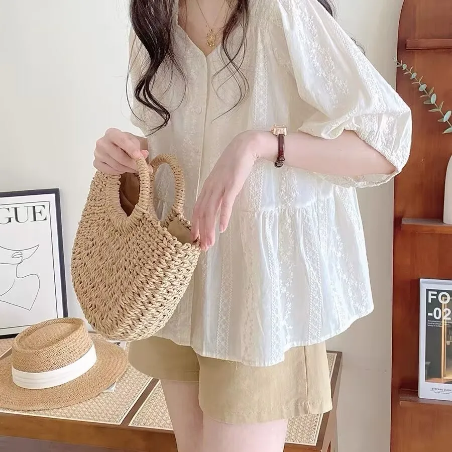 

V-neck Single-breasted Maternity Nursing Blouses Zip Fly Lactation Top Postpartum Woman Summer Breastfeeding Shirts Short Sleeve