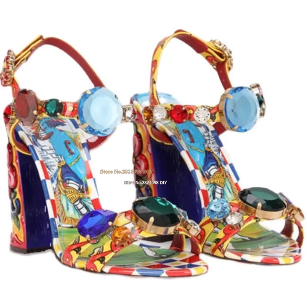 Mixed Colot Crystal Block Heeled Flower Print Chunky Heel Diamond Sandals Woman Fashion Beach High Heel Summer Shoes