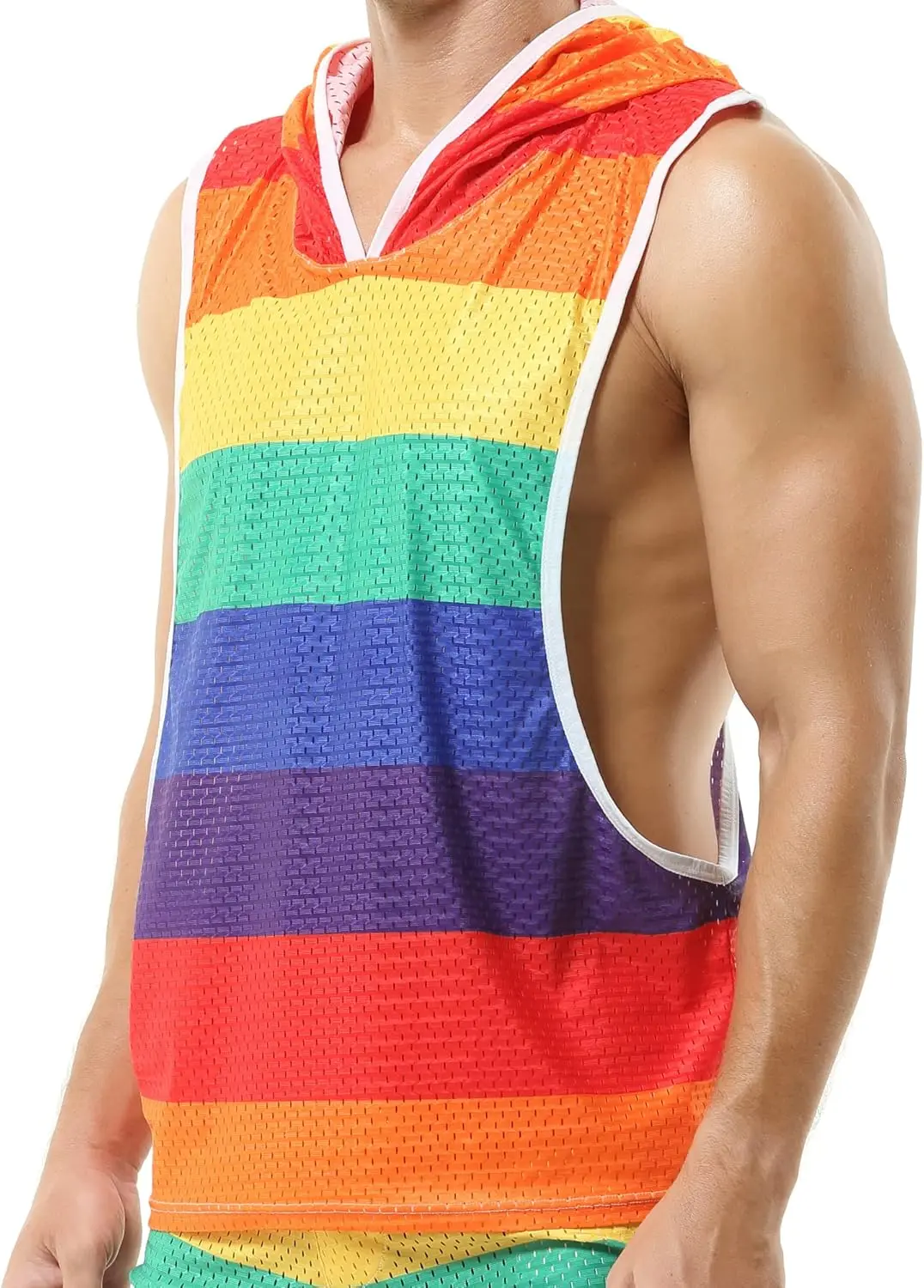 DTODWW Men's Workout Tank Tops Rainbow Hooded Sleeveless Y-Back Muscle Mesh Shirts for Athletic Exercise Relaxed