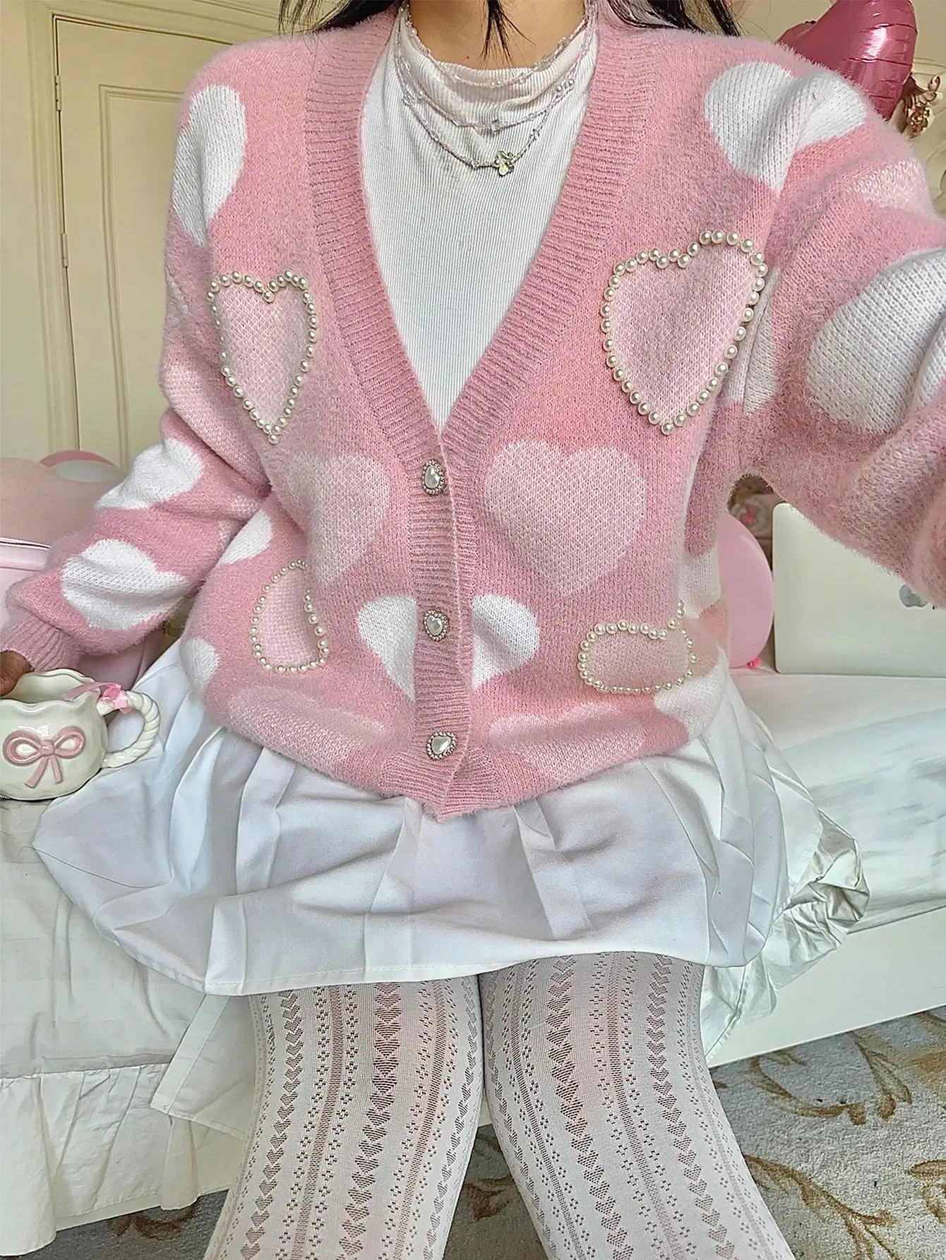 

Pink White Heart Pattern Pearl Embellished V-Neck Cardigan Sweater for Autumn Winter