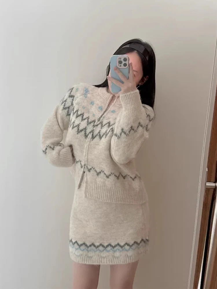 Chic Autumn Winter Knitted Sweater High Waist Skirt Set Women's Faion Contrast Color Embroidery Loose Fit Commute Sle