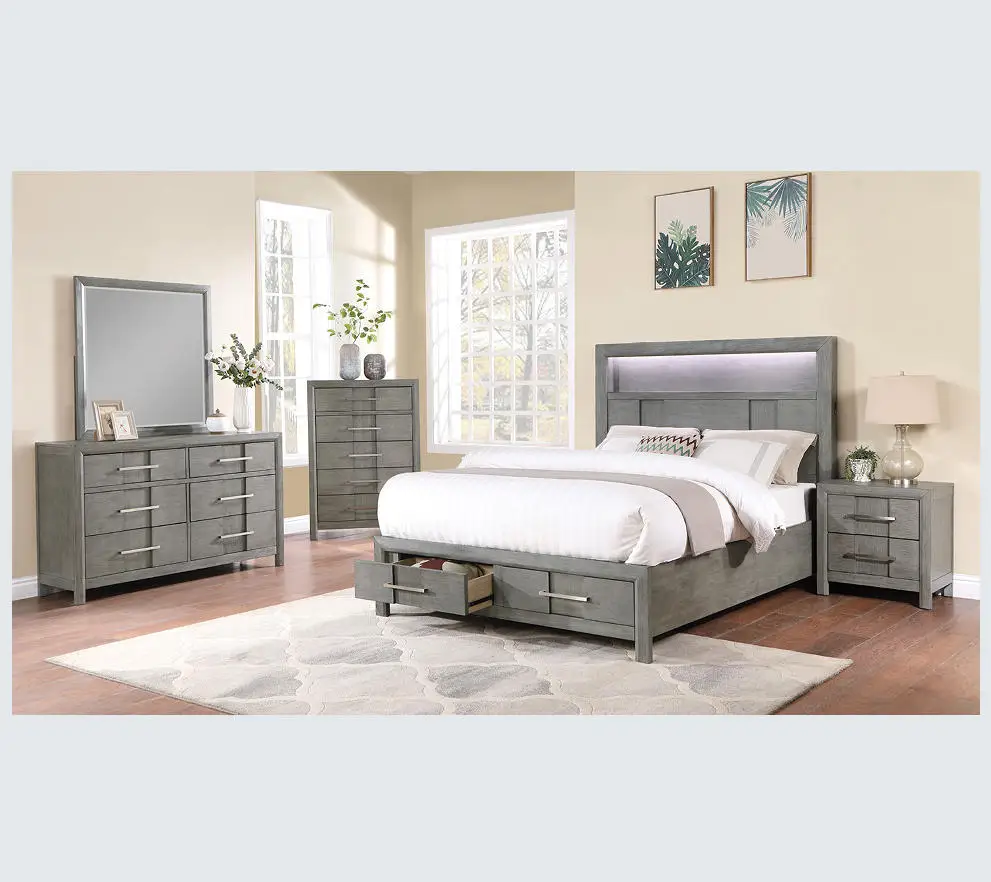 ！@Luxury Convertible Modern Queen 5PC Wood Bedroom Storage Set with LED Headboard Bluetooth Speakers & USB Ports