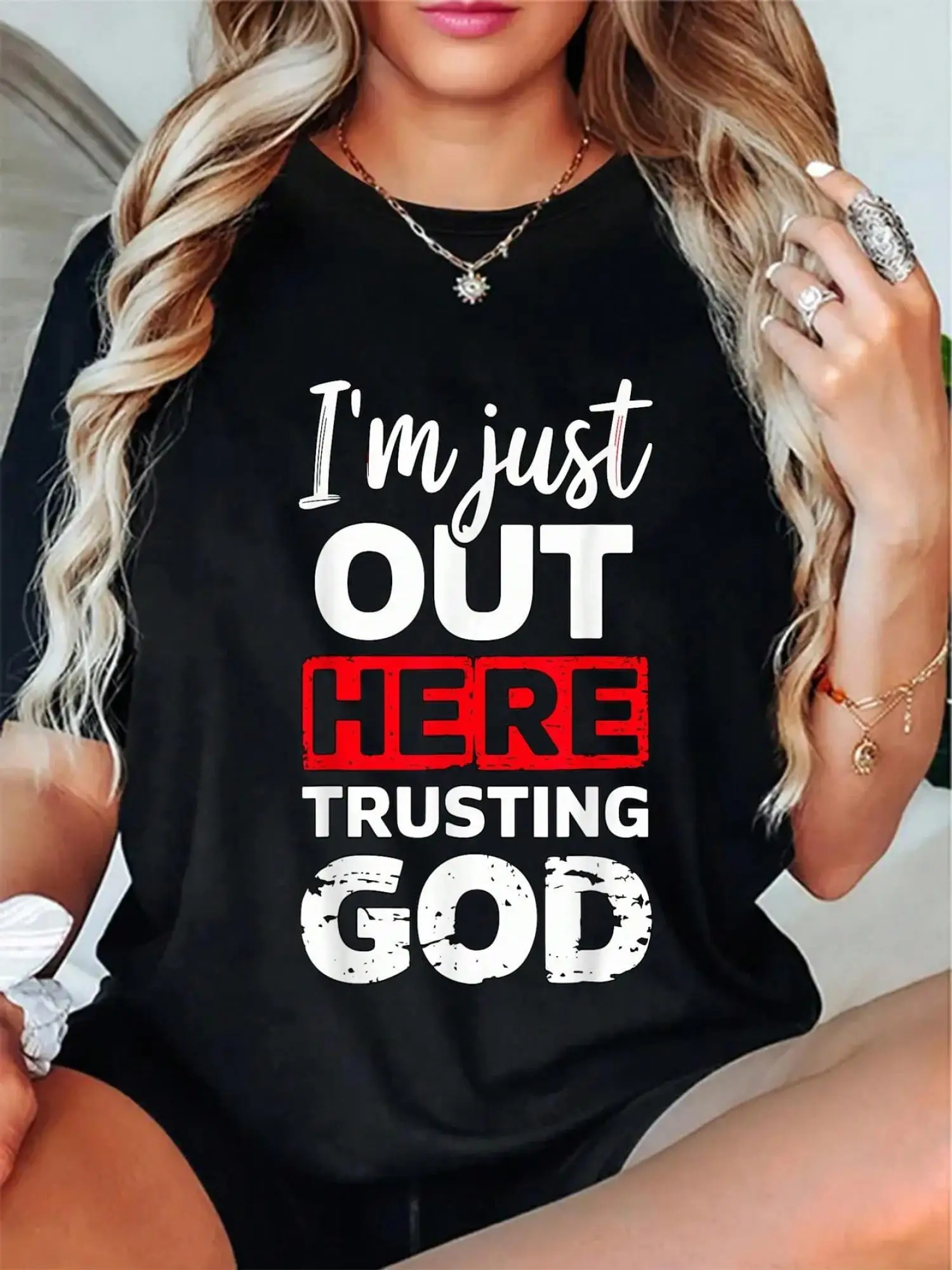 

100% Cotton I'm Just Out Here Trusting God Christian Religious T-Shirt