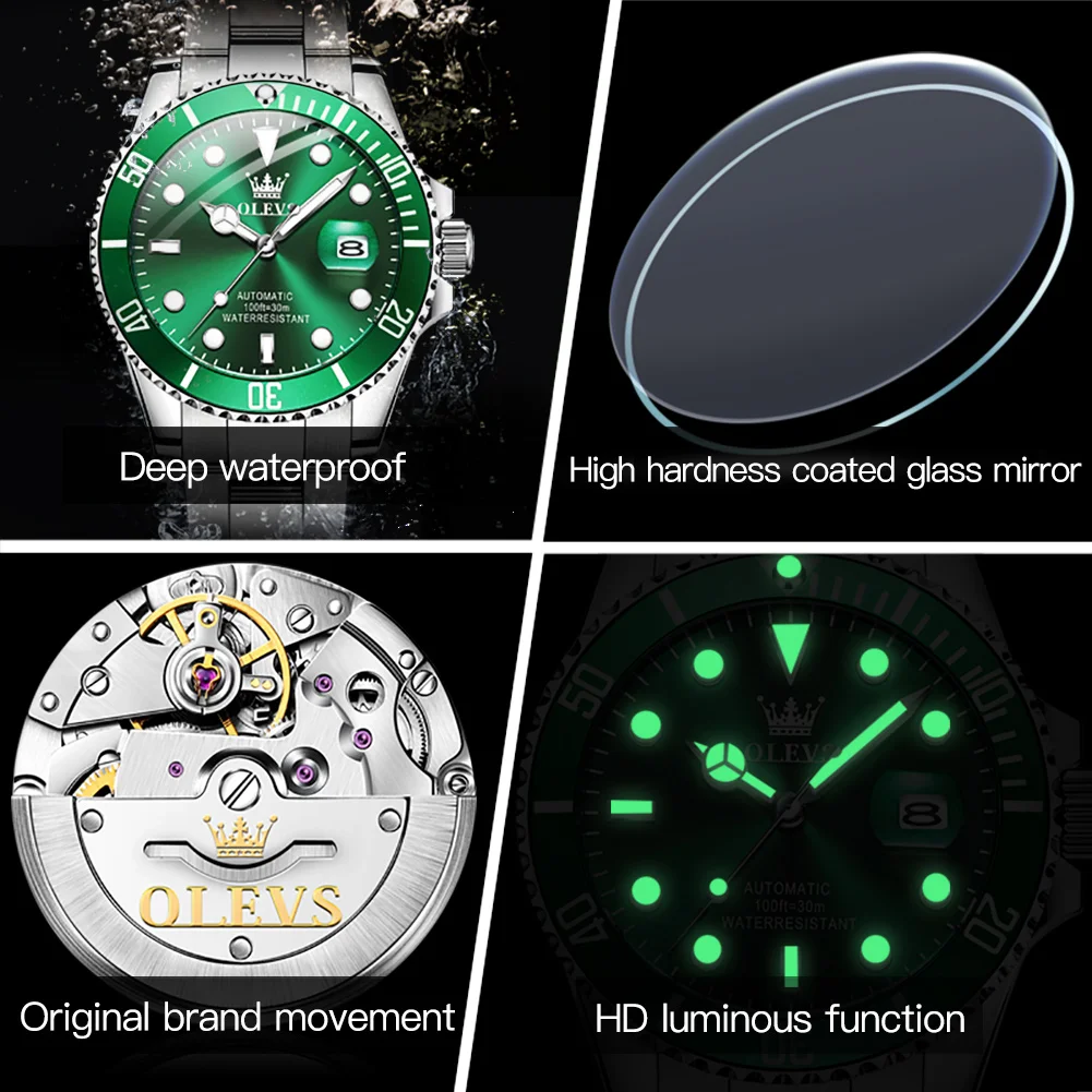 OLEVS-reloj mecánico totalmente automático para hombre, pulsera de marca de lujo con esfera verde, correa de acero inoxidable, resistente al agua,