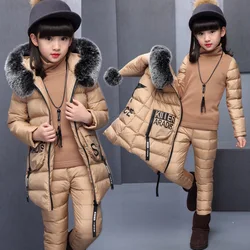 Girl Clothing Sets For Russia Winter Hooded Vest Jacket + Warm Top Cotton Pants 3 Pieces Clothes Coat With Fur Hood