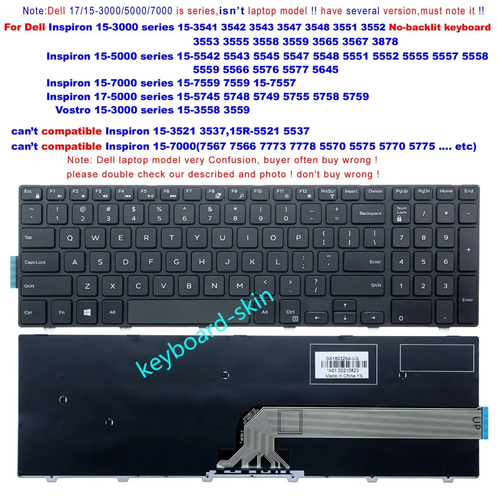 US No-Backlit Keyboard for Dell Inspiron 7557 7559 5745 5748 5749 5755 5758 5759 5558 5559 5566 5576 5577 5645 Vostro 3558 3559