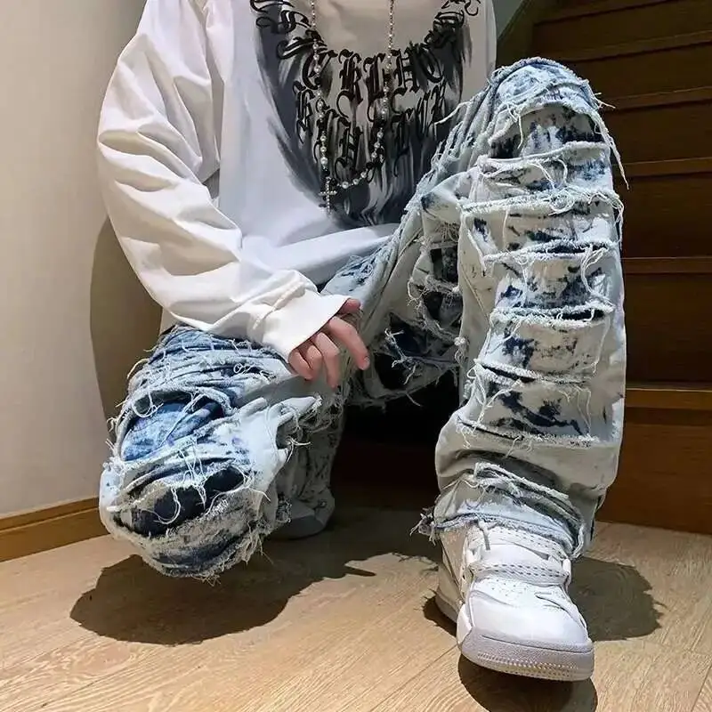 HKSH American High Street Erosion Damaged Vintage Jeans Men Ins Punk Trendy Straight Micro Flare Denim Pants Fashion Chic HK1205