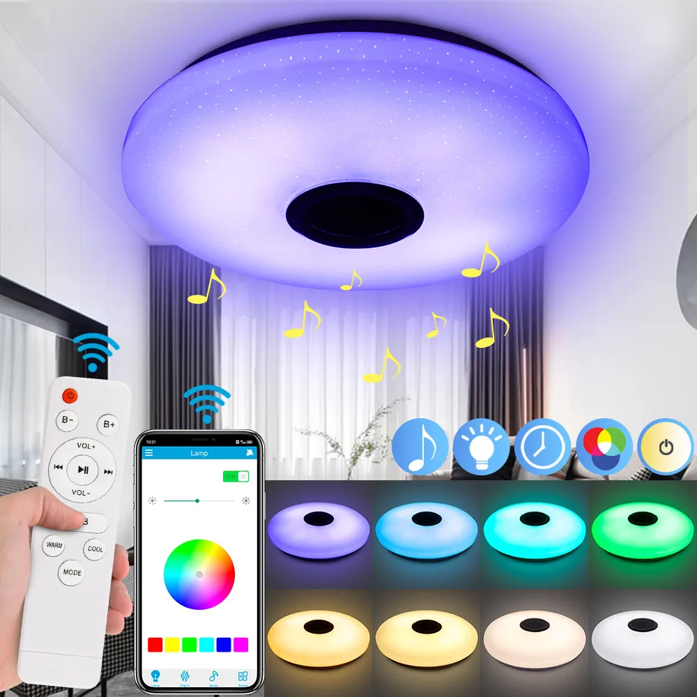 Smart LED Ceiling Light with Bluetooth Speaker 28W 36W RGBW Dimmable Ceiling Round Lamp Bedroom Living Room APP Remote Control