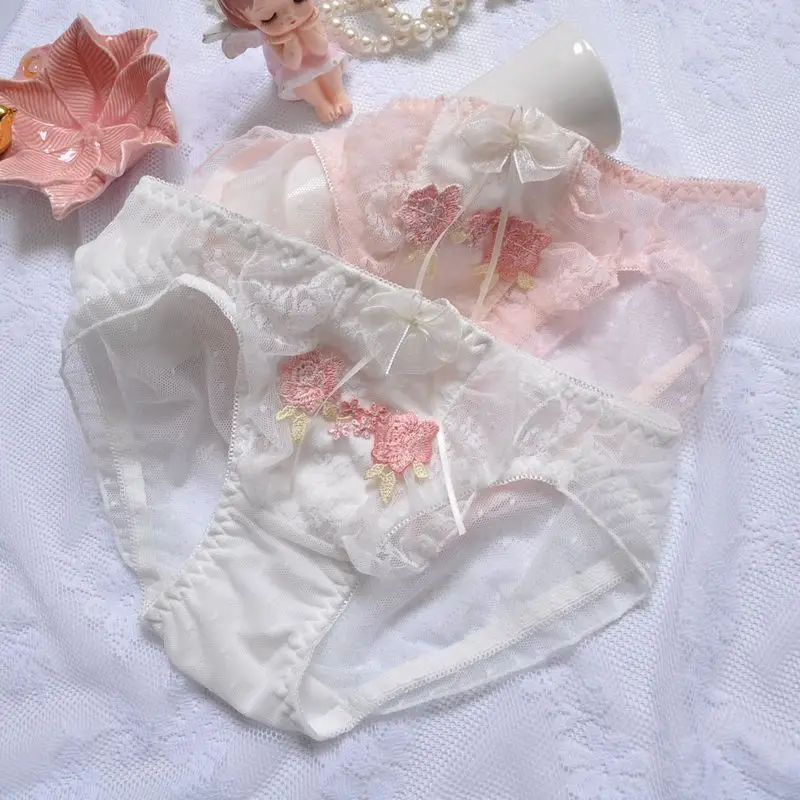 

Women Mesh Cute Lovely Sweety Princess Sexy Lace Lolita Bow Ruffles Panties Elasticity Middle Waist Embroidery Underwear