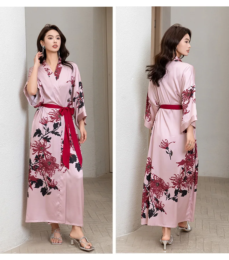 Batas de satén para mujer, ropa de dormir de flores para el hogar, lencería íntima, Kimono informal, vestido de noche Sexy, albornoz femenino