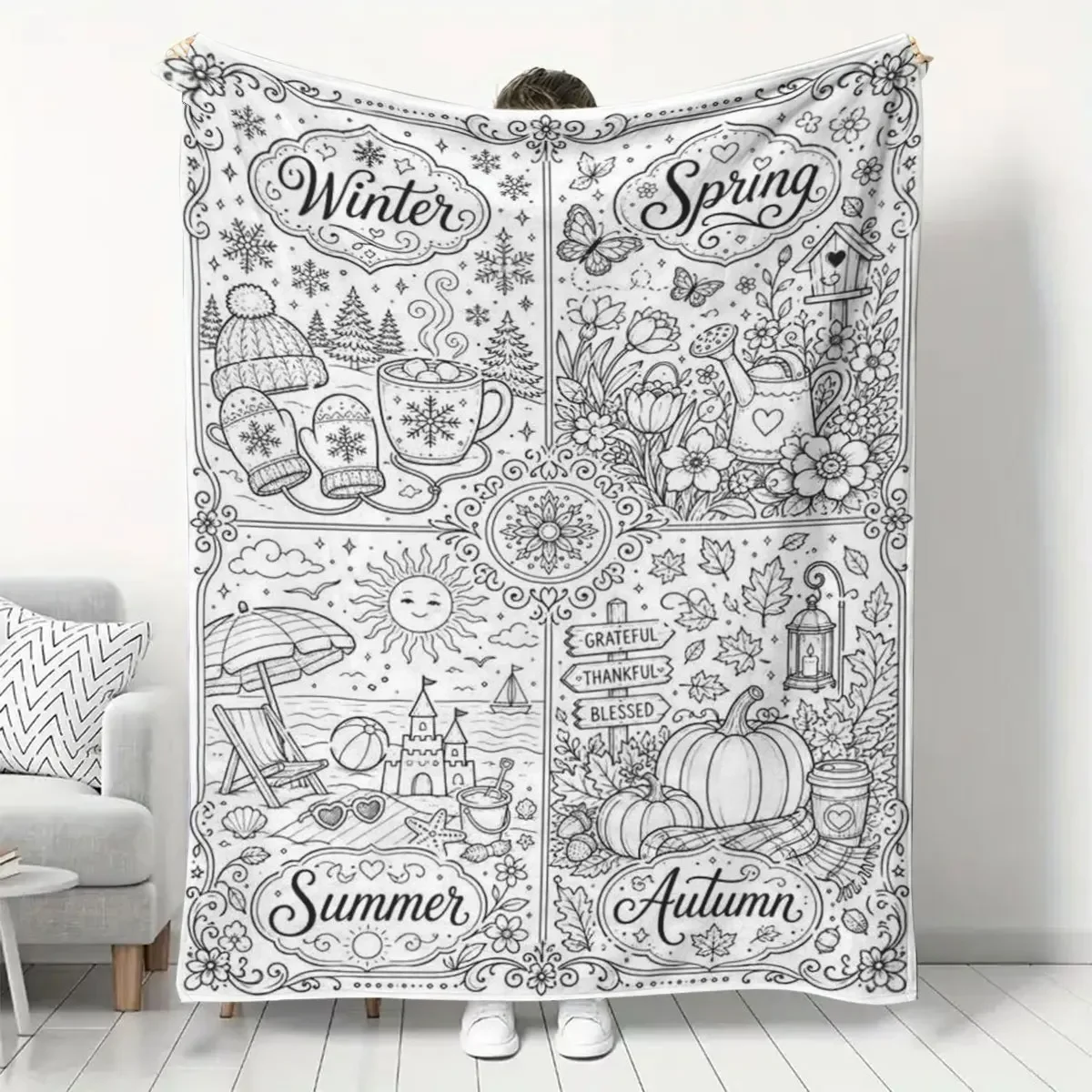 1pc Hand‑Drawn Four‑Seasons‑Print Throw Blanket, Sofa Decor, Skin‑Friendly DIY Coloring Home Gift
