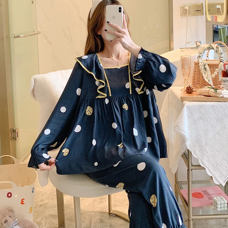 School Pajamas Set Cotton Silk Long Sleeves Fashion Nightdress Sleepwear Women Pijama