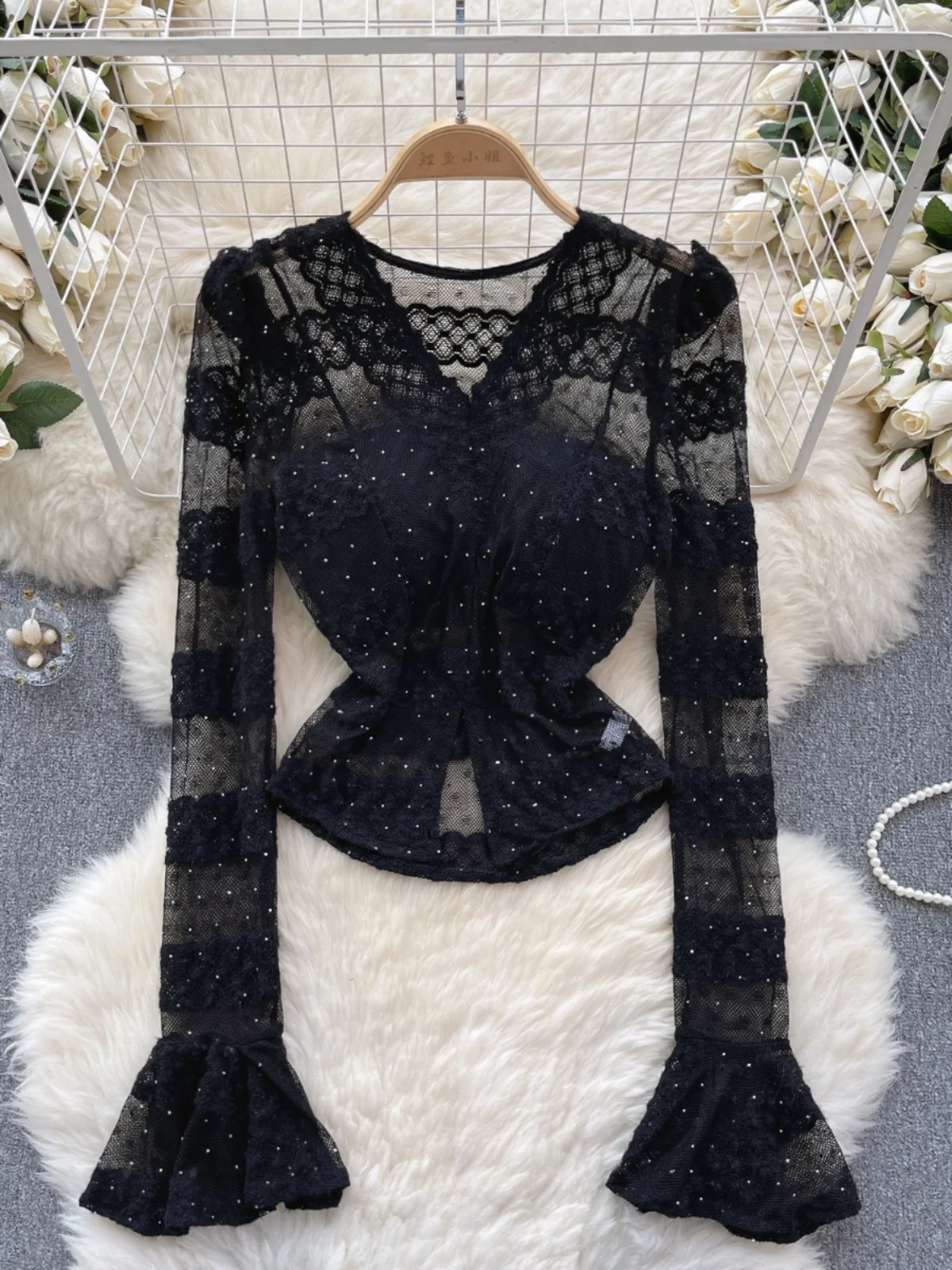 Frenchic Sexy T Shirts Women Beading Mesh Sheer V-neck Flare Long Sleeve Female Black Tops Built in Bra Almighty Shirt Dropship