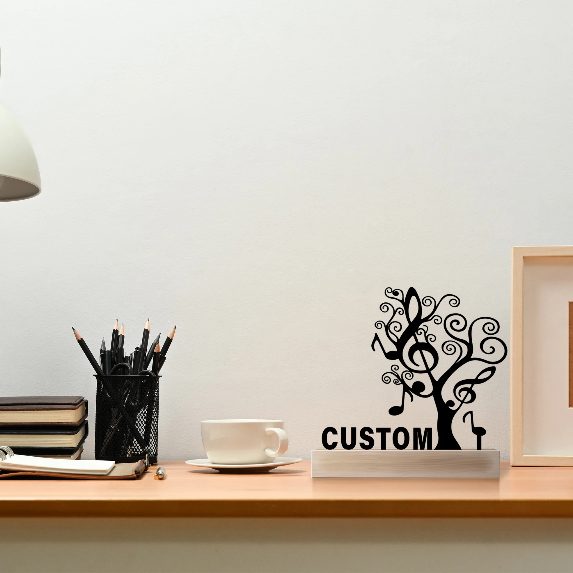 1pc Modern music note tree Customized Name Metal Statue With Wood Base Iron Ornament Tin Sculpture Art Crafts With Wood Base