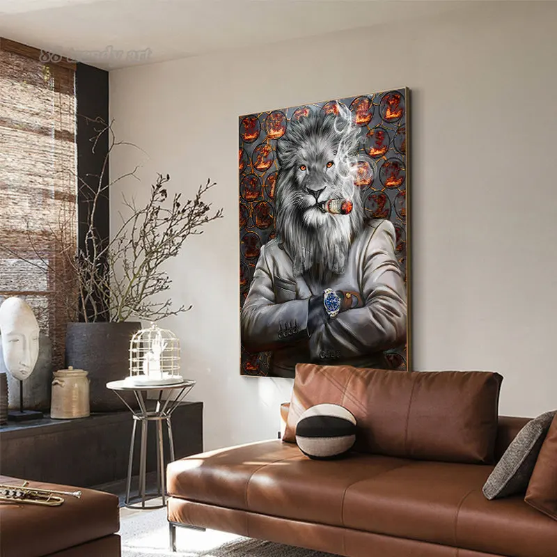 The Rich Businessman Mr. Lion King Smoking Dollar Cigarette Canvas Painting Luxury Animal Wall Art Poster Picture for Home Decor