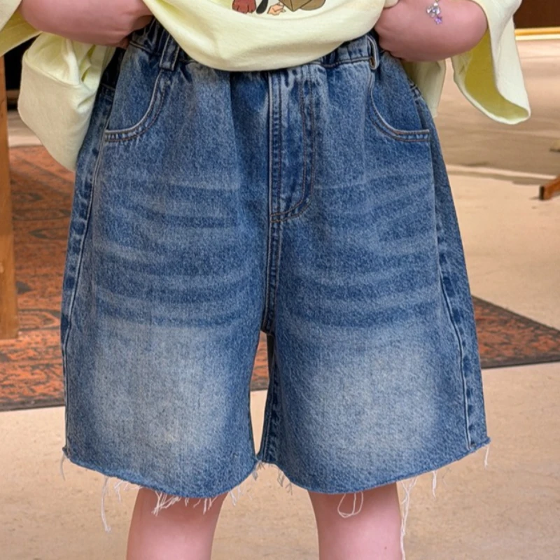 2026 Summer New Children's Korean Versatile Cowboy Mid Pants, boys and girls Fashion Edge Denim Shorts, Trendy