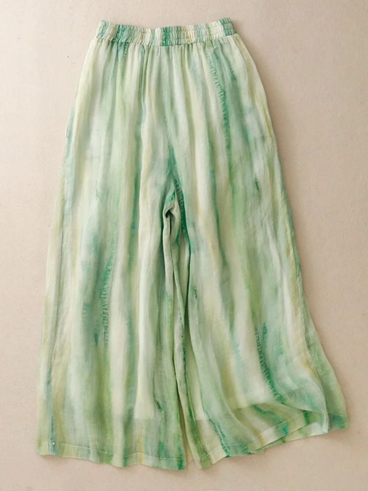 een Floral Print Wide Leg Pants Women's Cotton Linen Straight Cut Nine Points Summer Elastic Waist Slimming Trousers