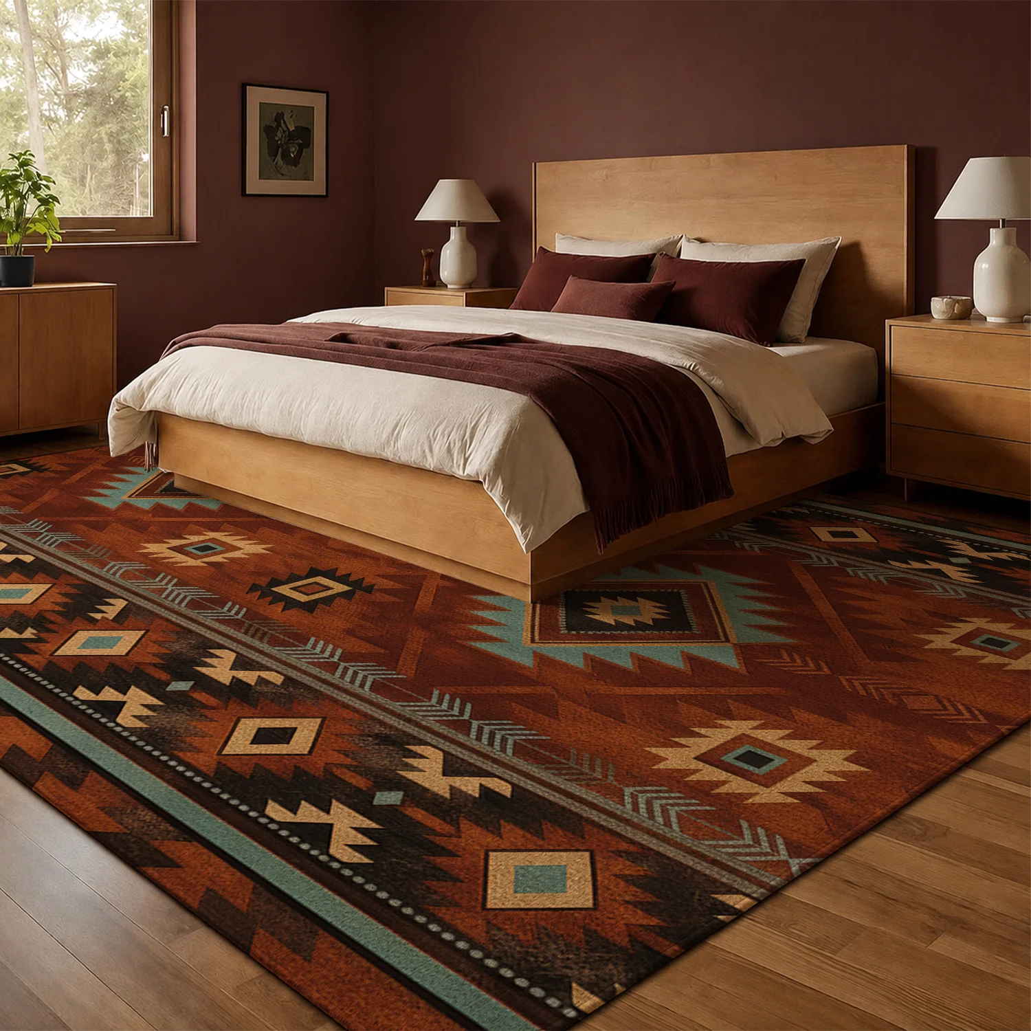 Large Indoor Area Rug, Soft Velvet Low Pile with Non-Slip Dotted Backing, Machine Washable Southwest Tribal Geometric Rug for Living Room, Bedroom, Rustic Aztec Style Floor Accent