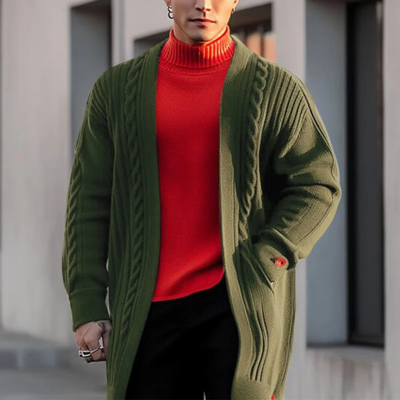 Vintage Twist Sweater Cardigan Mens Fashion Long Sleeve V Neck Knit Cardigans Autumn Winter Warm Casual Outerwear Men Mid Jacket