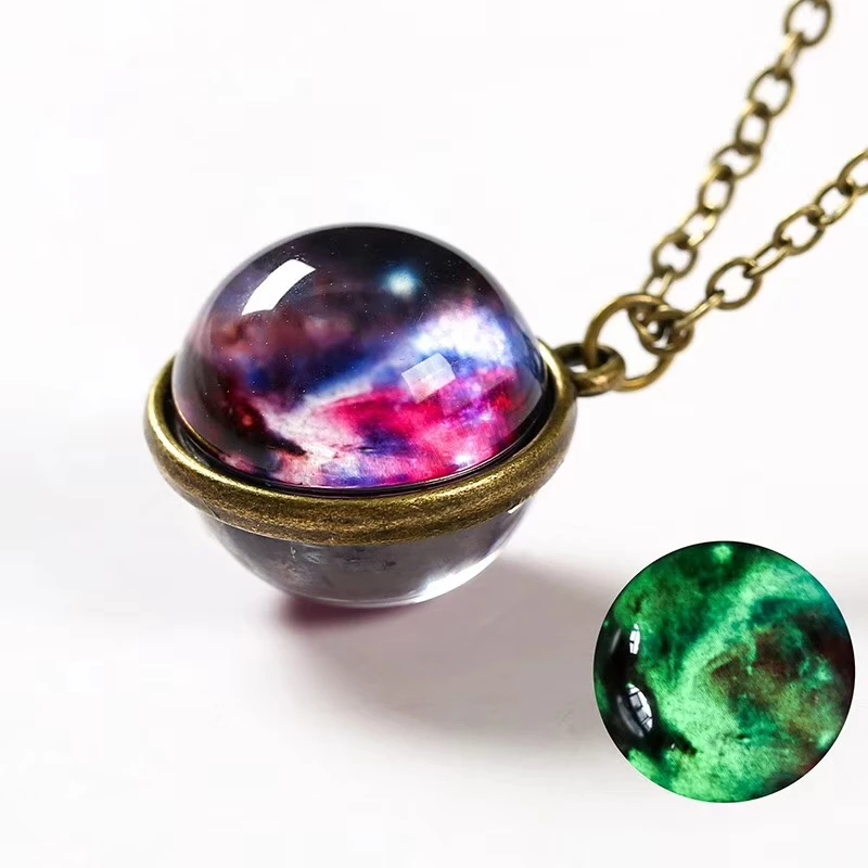 Universe Planet Earth Glass Luminous Double-Sided Retro Pendant Necklace For Women Men Galaxy Nebula Cosmic Art Picture Jewelry