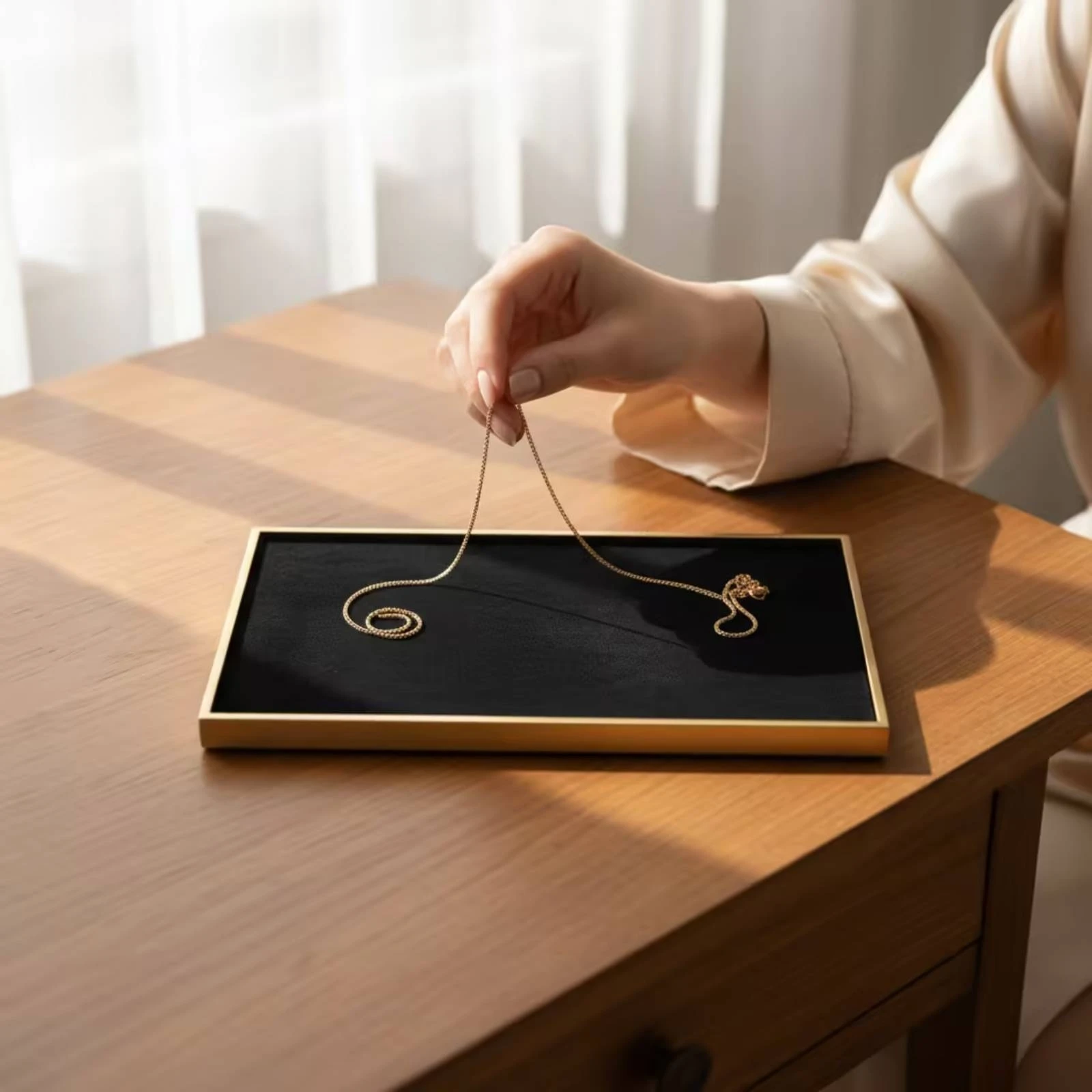 Jewelry Tray with Mirror Frame Elegant Jewelry Tray Organizer Slimline Versatile for Vanity, Dressing Table