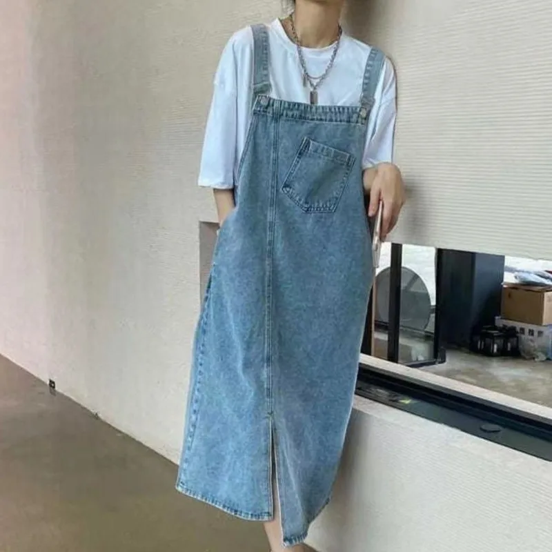 

Spring Summer Adjustable Strap Denim Dress Women Fashion Sleeveless Hem Split Vintage Casual Loose Spaghetti Strap Dresses Robe