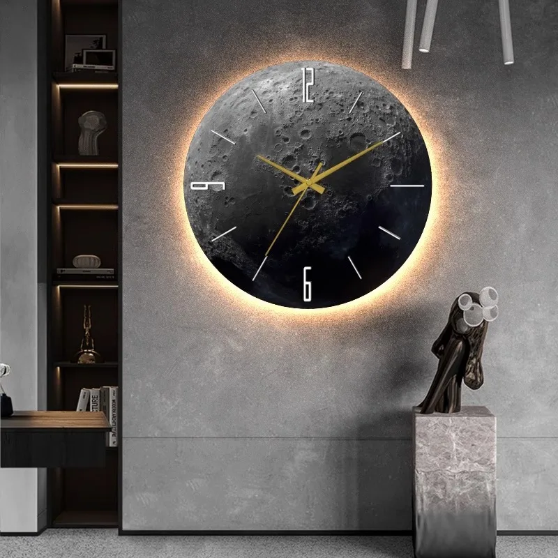 Modern Sandstone Moon Silent Wall Clock with LED Lamp Living Room Sofa Background Atmosphere Light Clock Wall Lamp