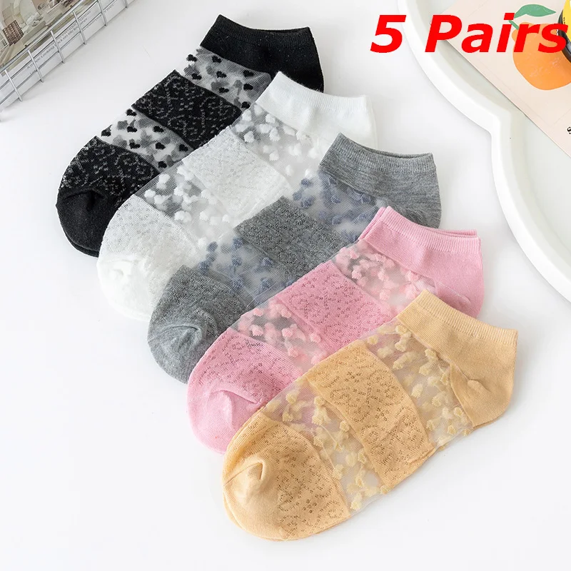 

5 пар женских летних тонких дышащих носков до щиколотки — шелковые носки-лодочки в горошек со стеклянным шелком ярких цветов