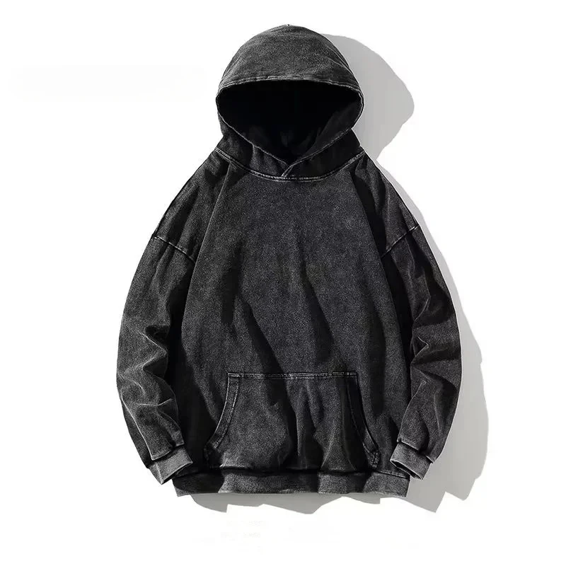 

100% Cotton Hoodies Men Women Vintage Hip Hop Sweatshirts Casual Pullover Black Acid Wash Men's Clothing Y2K Hooded Shirt y2k