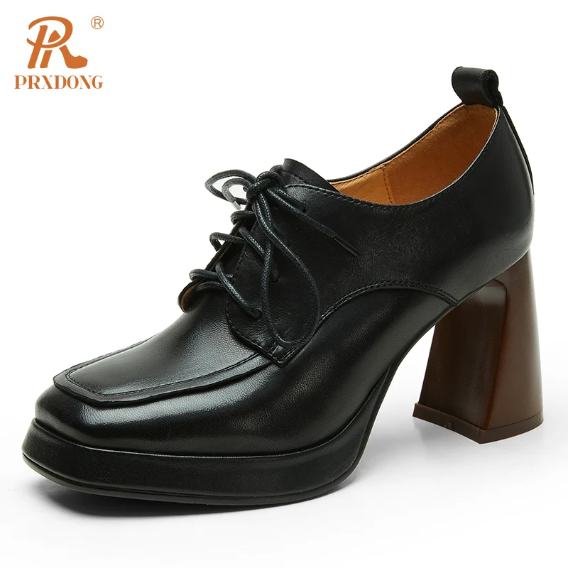 PRXDONG 2024 New Brand Genuine Leather Spring Autumn SHoes Woman Pumps Chunky High Heels Platform Retro Black Brown Dress Party